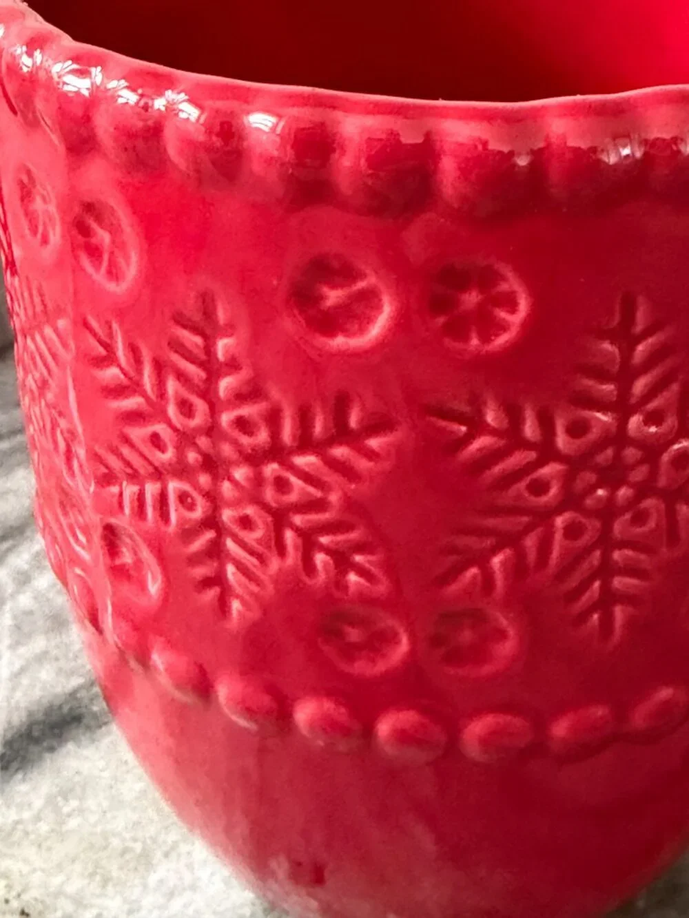 Pier 1 Imports Red Embossed Snowflake Mugs - Set of 2 Beaded Rim Stoneware